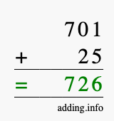 Calculate 701 + 25 using long addition