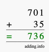Calculate 701 + 35 using long addition