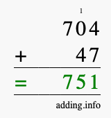 Calculate 704 + 47 using long addition