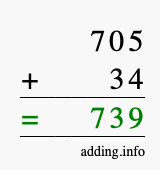 Calculate 705 + 34 using long addition
