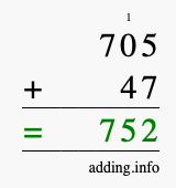 Calculate 705 + 47 using long addition