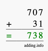 Calculate 707 + 31 using long addition