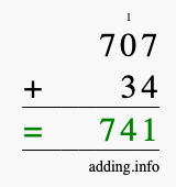 Calculate 707 + 34 using long addition