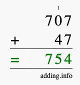 Calculate 707 + 47 using long addition