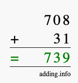Calculate 708 + 31 using long addition