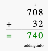 Calculate 708 + 32 using long addition