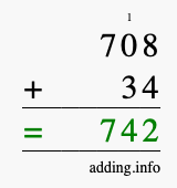 Calculate 708 + 34 using long addition