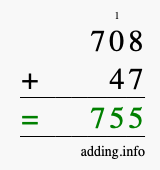 Calculate 708 + 47 using long addition