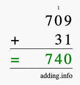 Calculate 709 + 31 using long addition