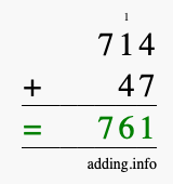 Calculate 714 + 47 using long addition