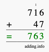 Calculate 716 + 47 using long addition
