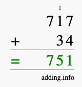 Calculate 717 + 34 using long addition