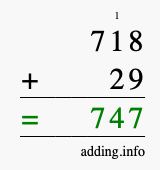 Calculate 718 + 29 using long addition