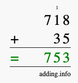 Calculate 718 + 35 using long addition