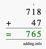 Calculate 718 + 47 using long addition