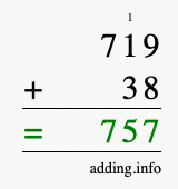 Calculate 719 + 38 using long addition