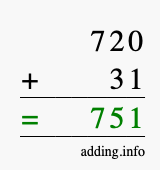 Calculate 720 + 31 using long addition