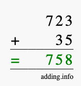 Calculate 723 + 35 using long addition