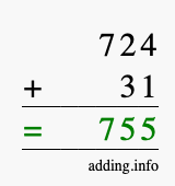 Calculate 724 + 31 using long addition