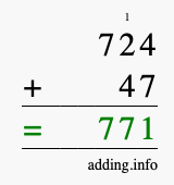 Calculate 724 + 47 using long addition