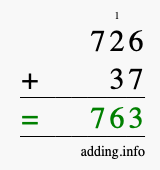 Calculate 726 + 37 using long addition