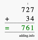 Calculate 727 + 34 using long addition