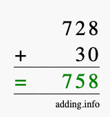 Calculate 728 + 30 using long addition
