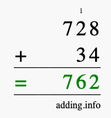 Calculate 728 + 34 using long addition
