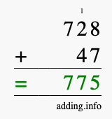 Calculate 728 + 47 using long addition
