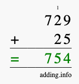 Calculate 729 + 25 using long addition
