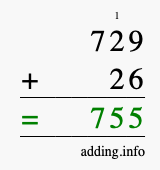 Calculate 729 + 26 using long addition
