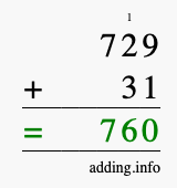 Calculate 729 + 31 using long addition
