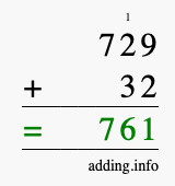Calculate 729 + 32 using long addition