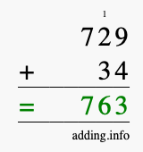 Calculate 729 + 34 using long addition