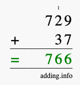 Calculate 729 + 37 using long addition
