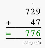 Calculate 729 + 47 using long addition
