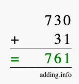Calculate 730 + 31 using long addition