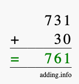 Calculate 731 + 30 using long addition