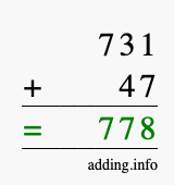 Calculate 731 + 47 using long addition