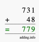 Calculate 731 + 48 using long addition