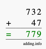 Calculate 732 + 47 using long addition