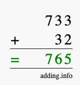 Calculate 733 + 32 using long addition