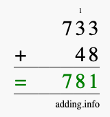 Calculate 733 + 48 using long addition