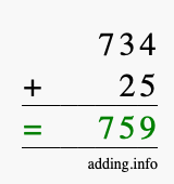Calculate 734 + 25 using long addition