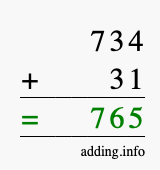 Calculate 734 + 31 using long addition