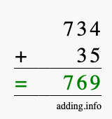 Calculate 734 + 35 using long addition