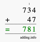 Calculate 734 + 47 using long addition