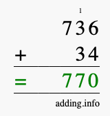 Calculate 736 + 34 using long addition