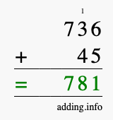 Calculate 736 + 45 using long addition