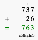 Calculate 737 + 26 using long addition